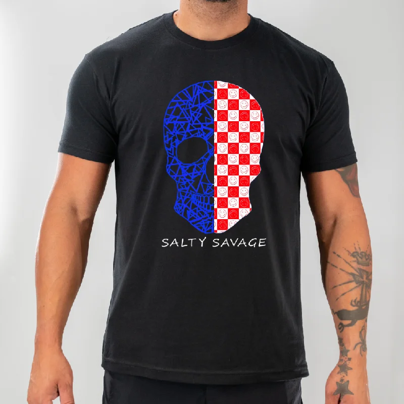Salty Savage Unisex “Spliced Checkered Geo Skull” Tee | USA Flag Edition Mesh Fabric Canvas Fabric Denim Fabric