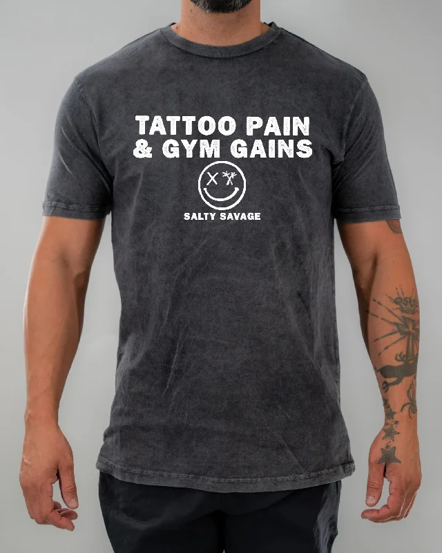 Salty Savage Unisex "TATTOO PAIN & GYM GAINS" Vintage Crew Tee Anti-Shrink Durable Soft