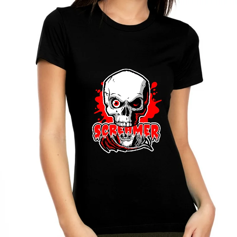 Screamer Funny Halloween Tshirts Women Evil Skeleton Womens Halloween Shirts Halloween Clothes for Women Jersey Fabric Tulle Fabric Batik Fabric