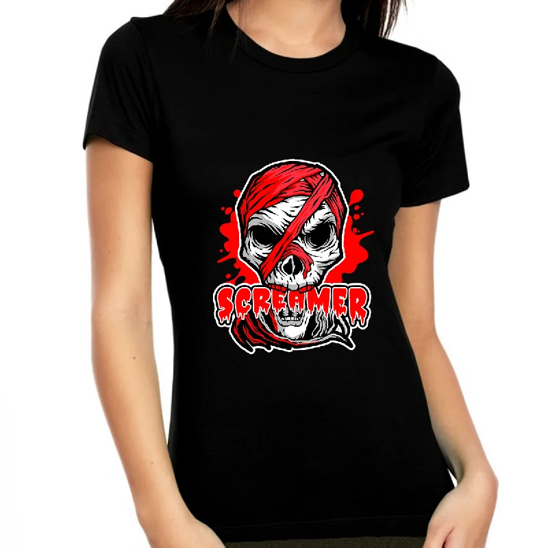 Screamer Halloween Shirts for Women Halloween Tops Evil Skeleton Shirt Women Halloween Costumes for Women Solid Print Embellished