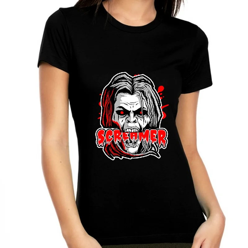 Screamer Skeleton Shirt Womens Halloween Shirts Evil Skeleton Shirt Women Halloween Clothes for Women Embroidered Appliqued Beaded
