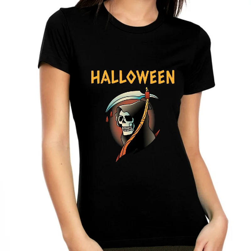 Skeleton Shirts for Women Halloween Shirt Grim Reaper Halloween Shirts for Women Halloween Gift for Her Spandex Blend Rayon Blend Denim Blend