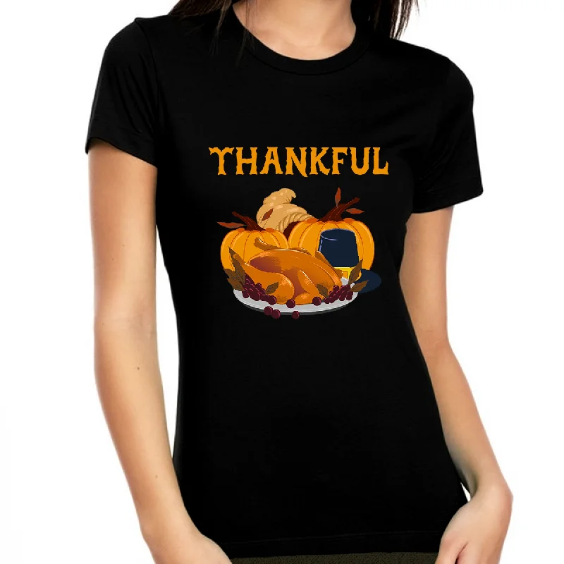 Thanksgiving Dinner Shirt Turkey Shirt Thankful Shirts for Women Womens Fall Tops Fall Clothes for Women Spandex Blend Rayon Blend Denim Blend