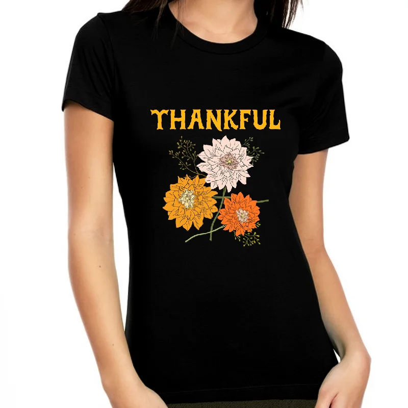 Thanksgiving Shirts for Women Thankful Shirts for Women Fall Tshirts for Women Flower Thanksgiving Outfit V-Neck T-Shirt Long Sleeve Cotton