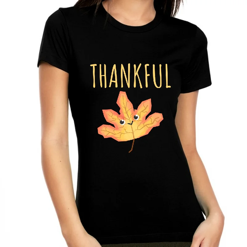 Womens Thanksgiving Shirt Autumn Leaf Funny Thanksgiving Shirts Fall Shirts Women Thankful Shirts for Women Collared T-Shirt Boat Neck A-Line