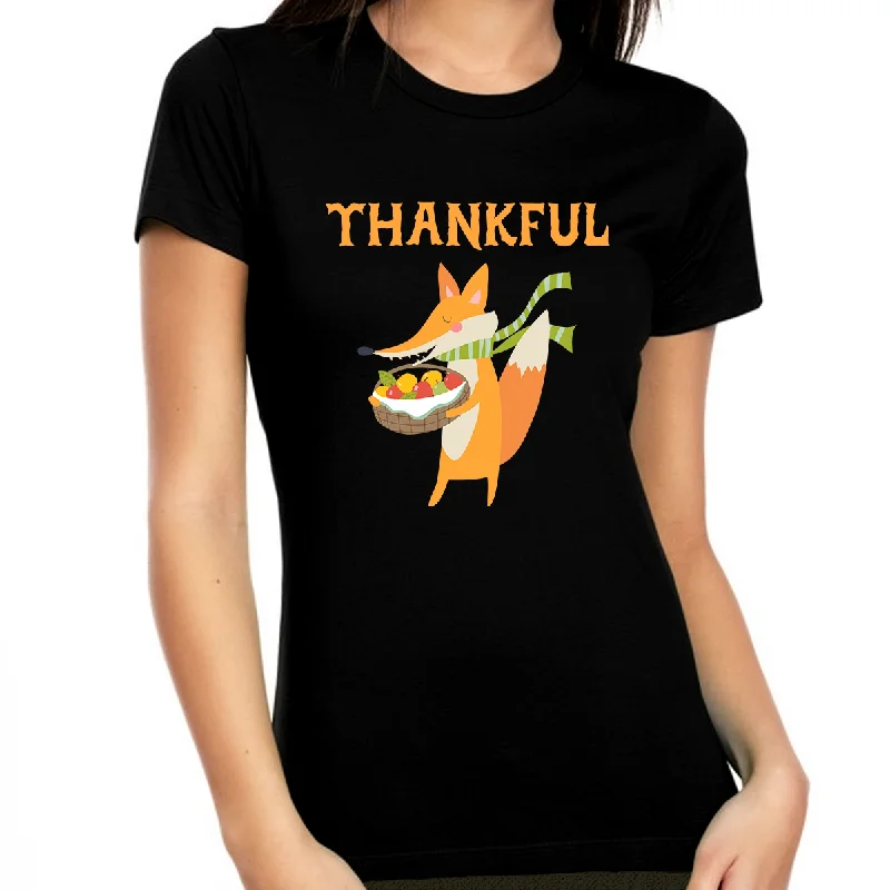 Womens Thanksgiving Shirt Cute Fox Shirt Fall Shirt Thankful Shirts for Women Funny Thanksgiving Shirts Embroidered Appliqued Beaded