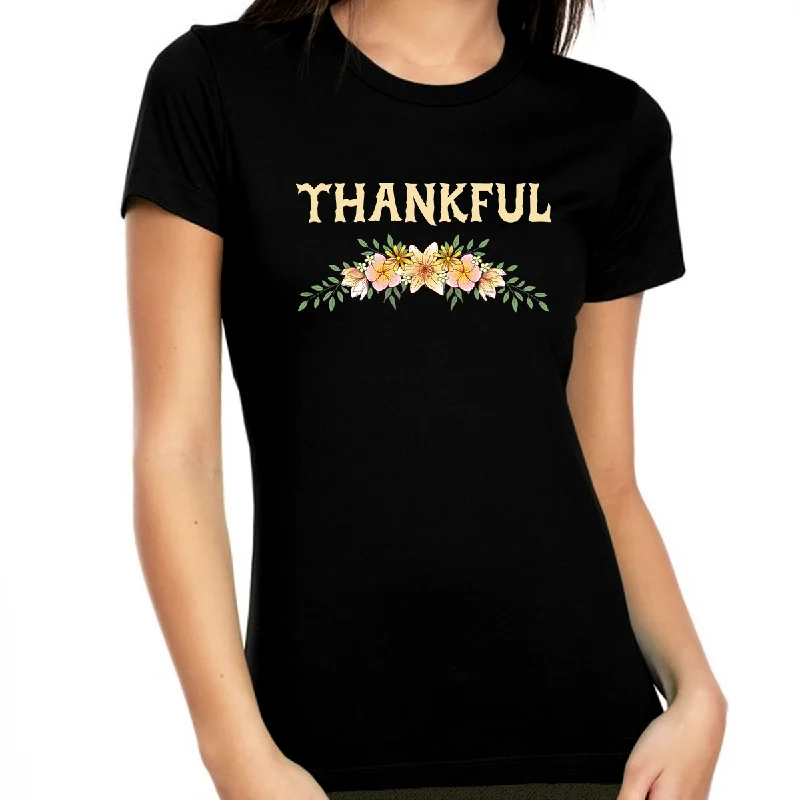 Womens Thanksgiving Shirt Flowers Shirt Thanksgiving Outfit Fall Shirts Women Thankful Shirts for Women Graphic T-Shirt Round Neck Polyester