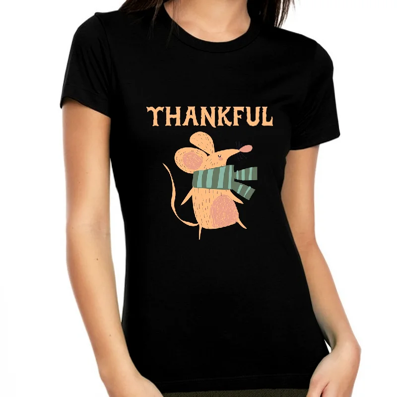 Womens Thanksgiving Shirt Mouse Shirt Funny Thanksgiving Shirts Womens Fall Tops Thankful Shirts for Women Basic T-Shirt Crew Neck Short Sleeve