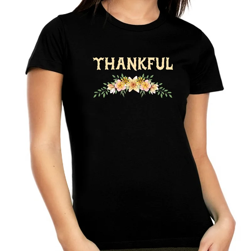 Womens Thanksgiving Shirt Plus Size 1X 2X 3X 4X 5X Flowers Shirt Fall Shirts Women Thankful Shirts for Women Denim Fabric Leather Fabric Suede Fabric