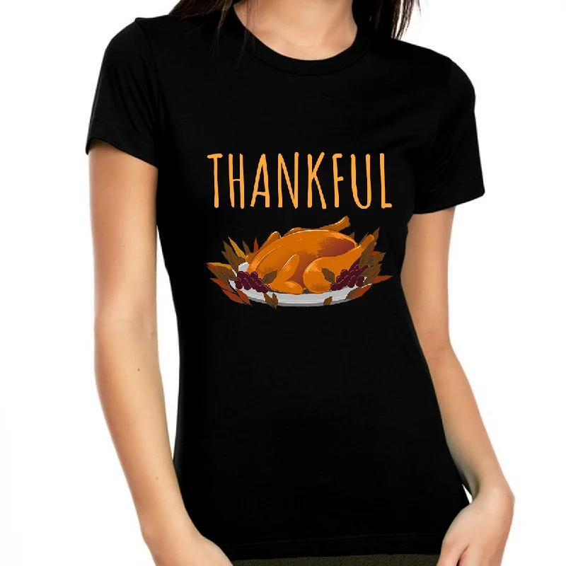 Womens Thanksgiving Shirt Turkey Shirt Thanksgiving Gifts Fall Shirts Women Thankful Shirts for Women Ribbed T-Shirt High Neck Heavyweight