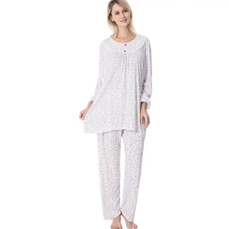 Ladies Classic Jersey Cotton Ditsy Floral Print Pyjama Set Polo Neck Jersey Top